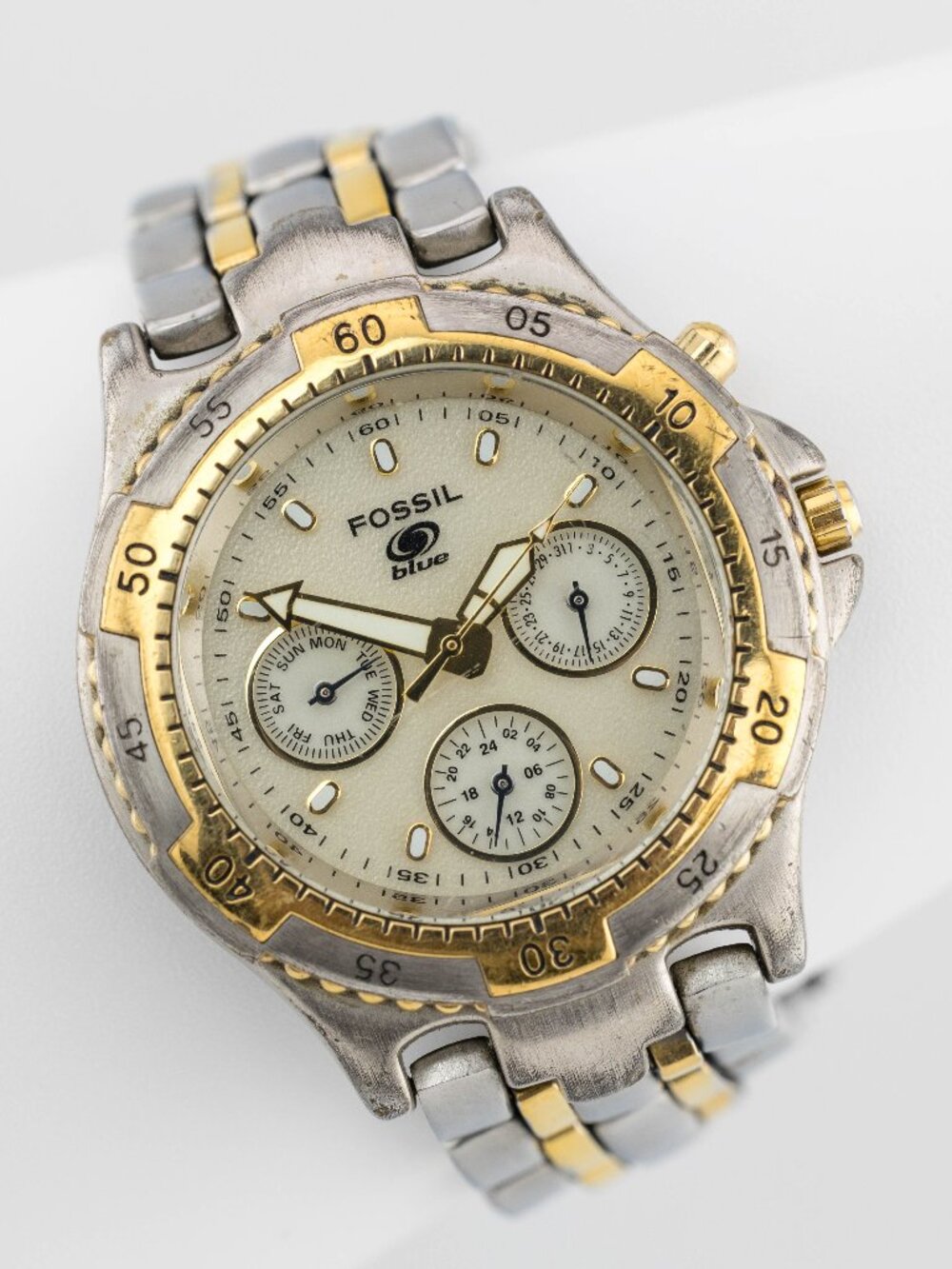 FOSSIL Blue BQ-9030 Two-Tone Cream Dial Quartz Analog Men's Watch Fresh Battery